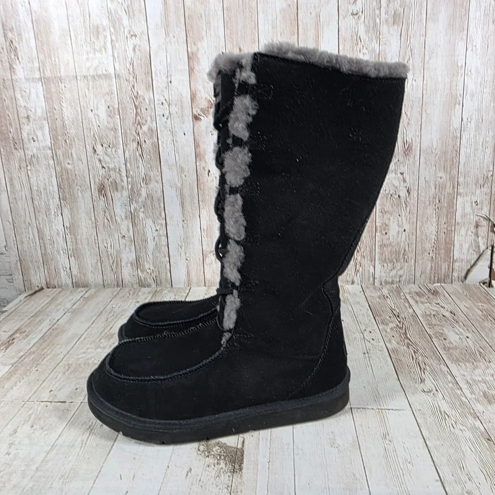 UGG Australia Sundance II Black Suede Sheepskin Lace Up Tall Boots 5230 Womens 8